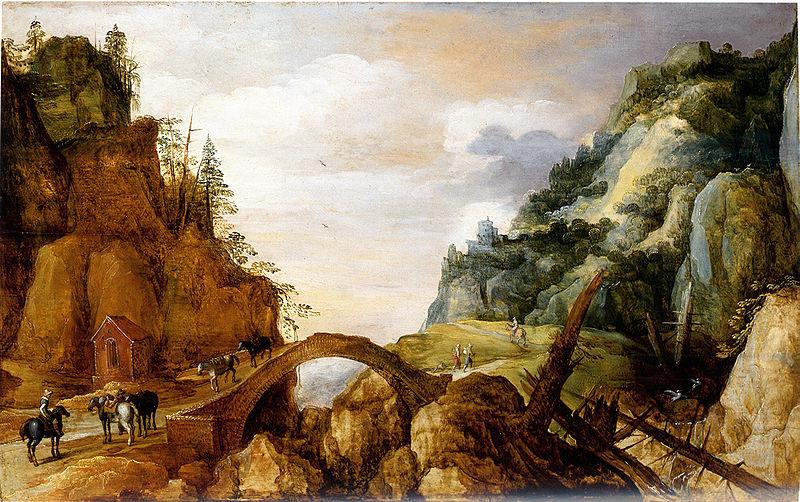 Joos de Momper mountainous landscape with horsemen and travellers crossing a bridge. Sweden oil painting art
